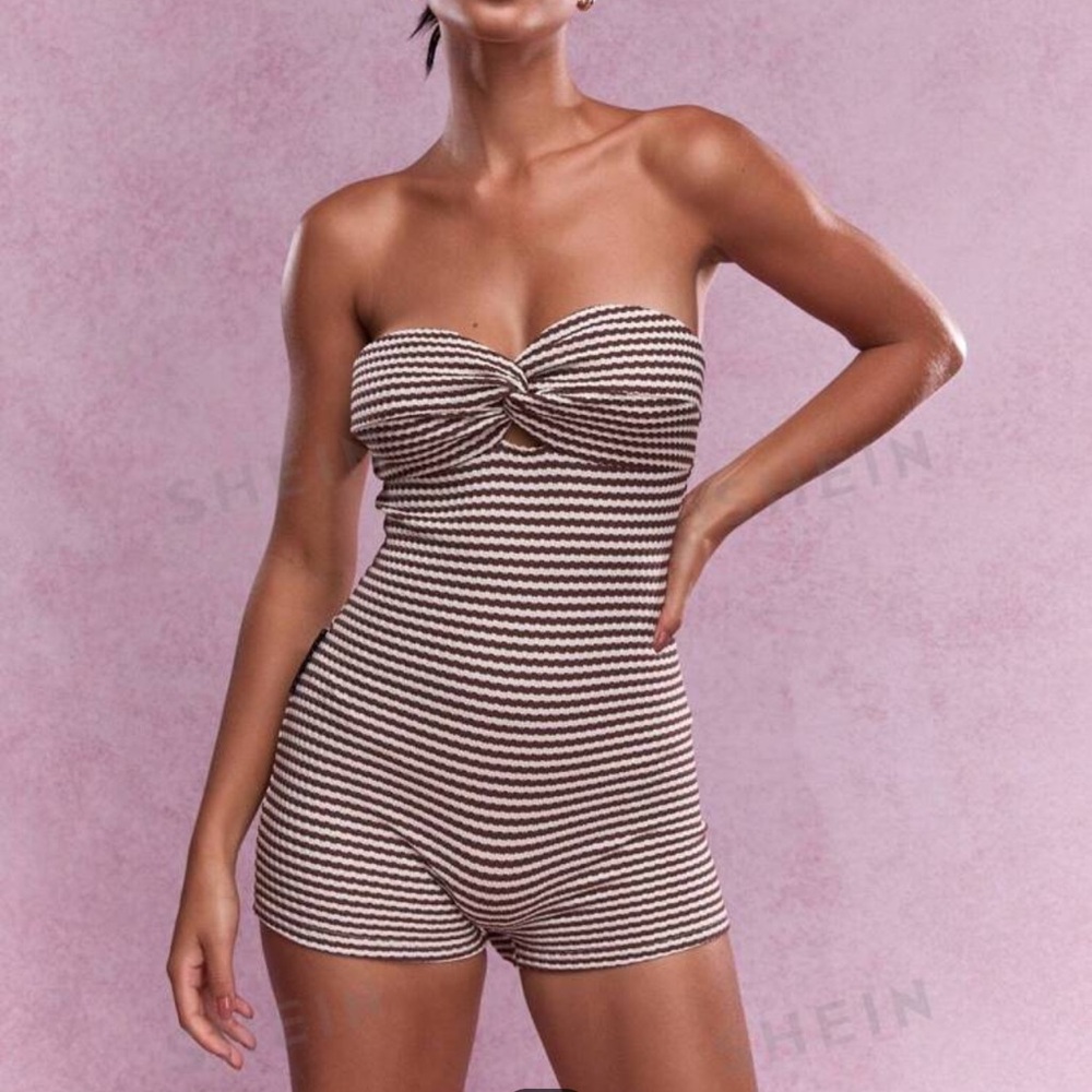 brown striped strapless jumpsuit